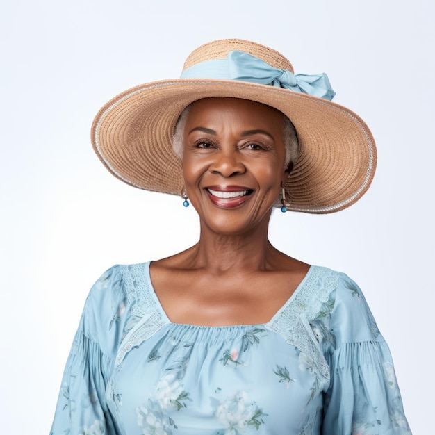 Front view mid shot of a year old sophisticated African woman dressed in a light blue midi dress