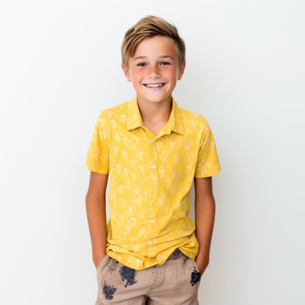 Front view mid shot of a year old white boy dressed in a yellow polo shirt and patterned shorts