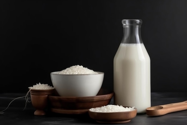 Front view of milk bottle and bowl of rice