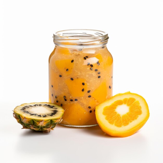 Front view minimalistic of an isolated jam jar filled with exotic passion fruit and pineapple jam