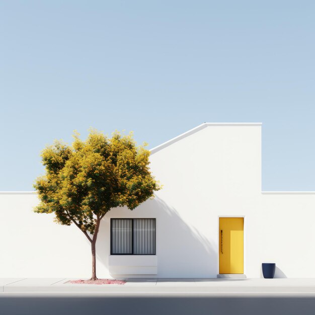 사진 노란 문 을 가진 작은 집  에 서 있는 체리 나무 의 미니멀리즘적 인 앞면