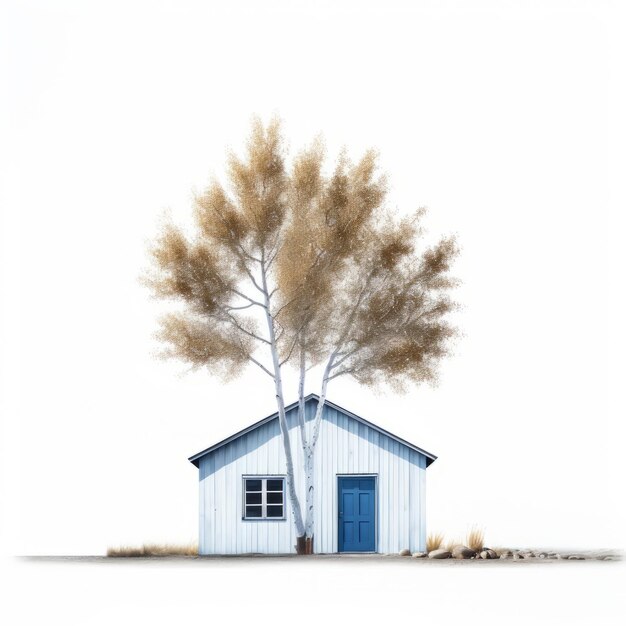 写真 草原の小さな小屋の隣にあるポプラの木の最小限のフロントビュー