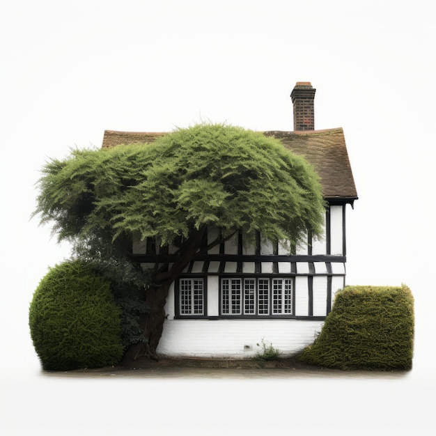 Foto vista frontale minimalista di un tasso accanto a un cottage in stile tudor con giardino