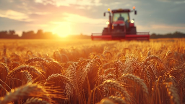 Foto front view of modern automated combine harvesting wheat ears on a bright summer day grain harvester