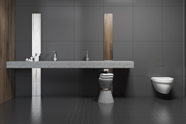 Front view of a modern bathroom with black walls, a double sink, and a toilet. 3d rendering, mock up