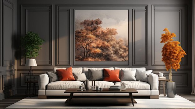 Front view of a modern classic living room Gray wall with large painting comfortable couch with cushions coffee table rug on wooden floor panoramic window home decor Mockup 3D rendering