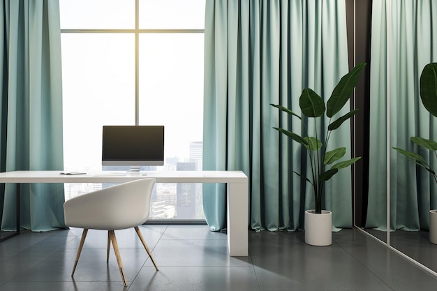 Photo front view on modern computer on white table in home workspace area with green city view from panoramic window behind green curtain background 3d rendering