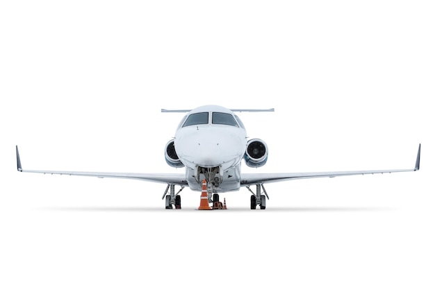 Front view of the modern corporate business jet isolated on white background
