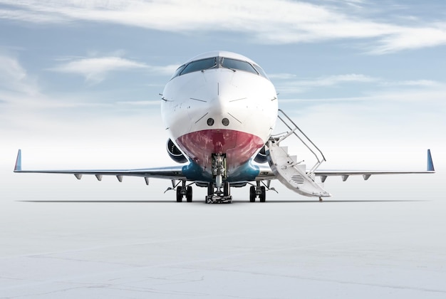 Front view of the modern corporate business jet with open\
gangway door isolated on bright background with sky