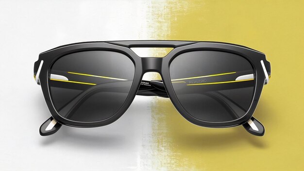 A front view modern dark sunglasses pair on the whiteyellow