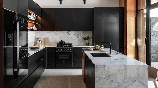 Foto vista anteriore di una cucina di design moderna con armadietti lisci senza maniglie con generative ai nero