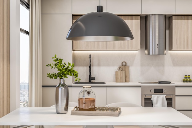 Front view on modern eco interior kitchen area with white kitchen set modern metallic lamp above white table wooden kitchen cabinet round hood and green tree branches in metallic vase 3D rendering