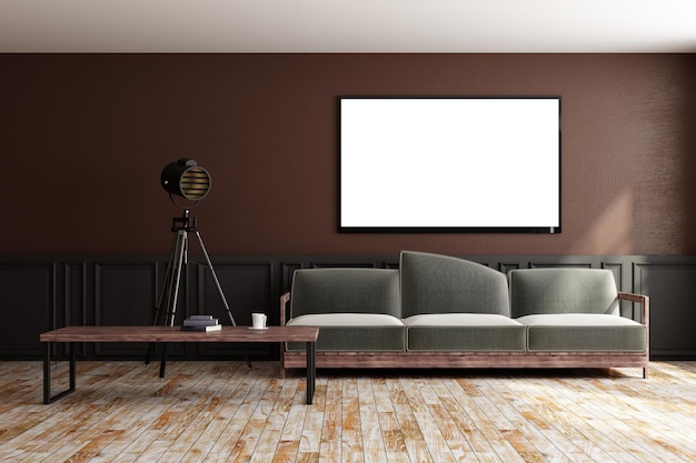 Вид спереди на современный интерьер с телевизионной рамкой