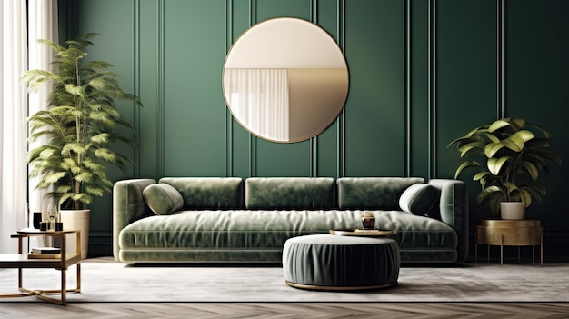 緑色のリビングルームのフロントビュー 空き壁 枕付きのソファ オスマン式コーヒーテーブル 床のポットに緑の植物 壁の周りの鏡 モックアップ 3D レンダリング