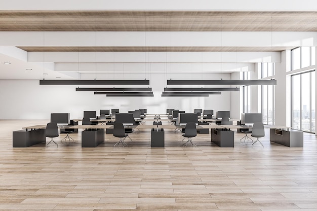 Front view on modern minimalistic design coworking space with wooden slatted ceiling and floor black furniture work places black lamps hanging from top and city view from big windows 3D rendering