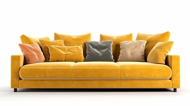 Front view of modern mustard colored velor sofa with soft cushions isolated on white background