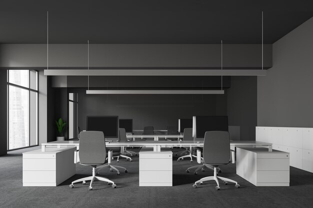 Front view of modern office with gray walls and floor, open space area with white computer tables and gray chairs and meeting room behind glass wall. 3d rendering