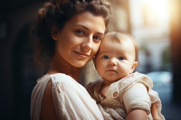 Front view mother holding cute baby