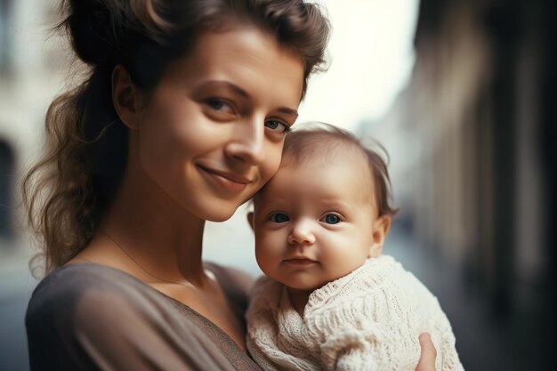 Front view mother holding cute baby