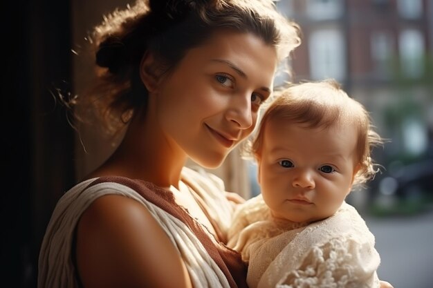 Front view mother holding cute baby