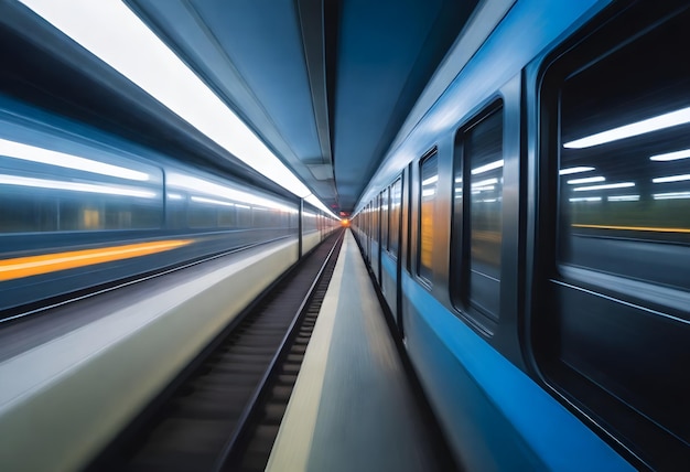 Front view of a moving train at night with illuminated buildings on either side