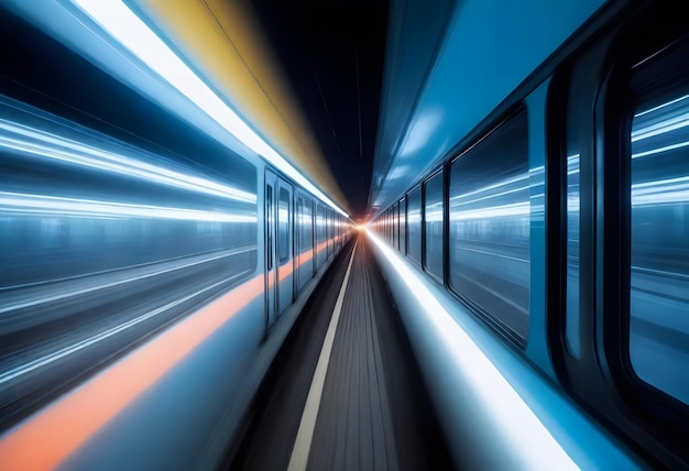 Front view of a moving train at night with illuminated buildings on either side