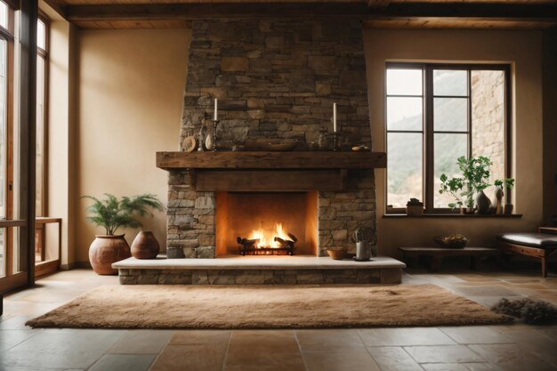 Front view of a natural stone wall in a house with the fireplace in front wooden beams and floors