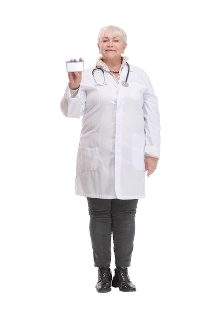 Front view of nurse or medical doctor woman showing business card