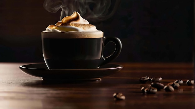 Фото Передний вид чёрной чашки кофе с слоем пены и помещенной рядом с кофейными зернами
