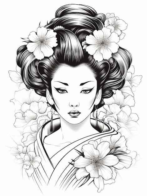 Фото Вид спереди на рисунок гейши в черно-белом дизайне для футляра для кружки-футболки