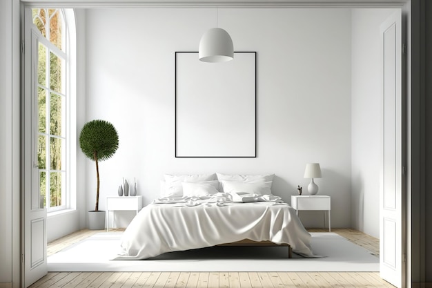 写真 ベッドのある明るい寝室の正面図、空の白いポスター、白い壁、木の堅木の床、大きな窓のミニマリストのデザイン原則、オリジナルのアイデアのための部屋、モックアップ