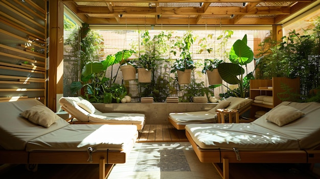 사진 편안 한 자리 와 초록색 식물 이 있는 스파 의 휴식 공간 의 앞면