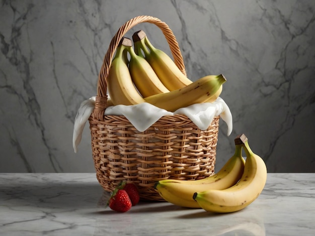 Фото Фронтовый вид бананов в корзине с белым мраморным столом