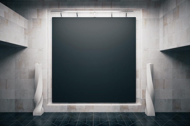 写真 空のコンクリート内部の空白の黒板の正面図 3 d レンダリングをモックアップします。