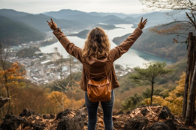 写真 夕暮れの自然の中で屋外に立っている女性ハイカーのフロントビュー