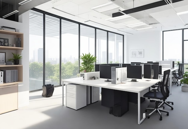 Front view of an office interior with a row of dark wood tables standing under large windows Massiv