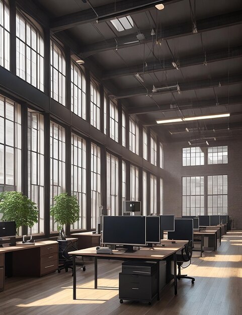 Front view of an office interior with a row of dark wood tables standing under large windows