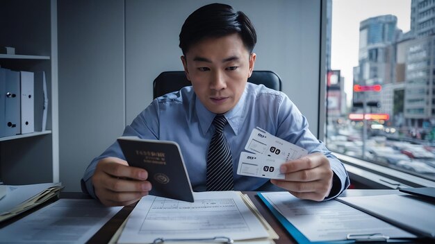 Front view office worker sitting behind his working place with passport and tickets