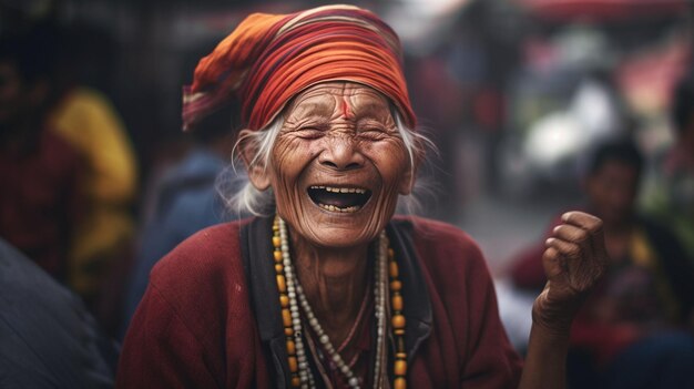 Front view old woman smiling with strong ethnic features