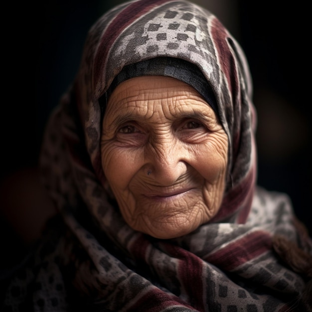 Front view old woman smiling with strong ethnic features