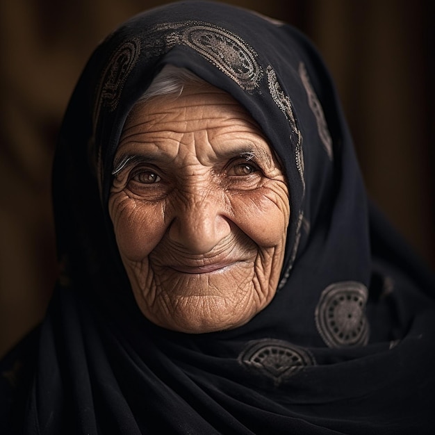 Front view old woman smiling with strong ethnic features