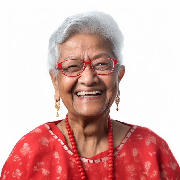 Front view old woman smiling with strong ethnic features