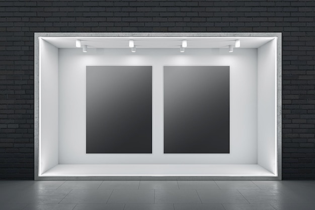 写真 暗いレンガの壁の背景と光沢のある床の 3 d レンダリング モックアップと抽象的な空のホールで白い照らされたニッチ壁にあなたのロゴやテキストのための場所と空白の黒いポスターの正面図