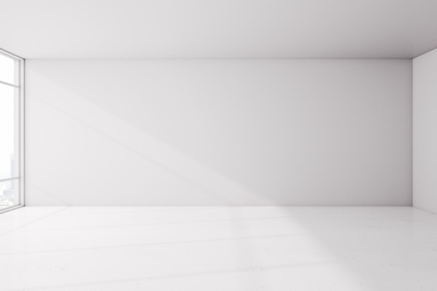 Front view op lege witte zonnige muur in witte doos hal met uitzicht op de stad vanuit het raam 3D rendering mock up