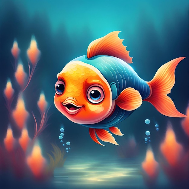 Front view of orange color fish on blue background