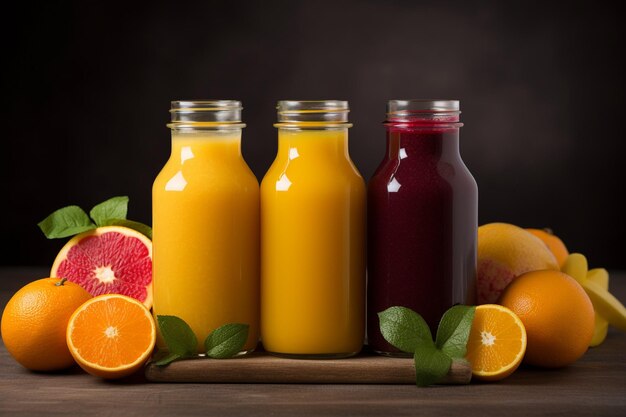 Photo front view orange and yellow juice in bottle