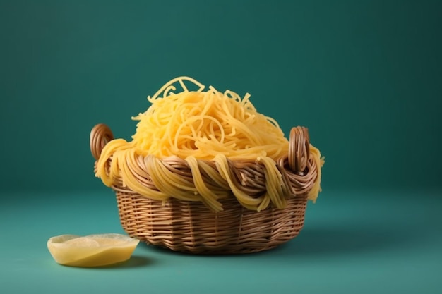 Foto una pasta di vista frontale dentro il canestro si è formata cruda dentro il canestro giallo sugli spaghetti verdi dell'italiano dell'alimento del pasto del fondo