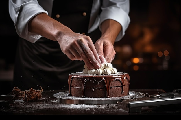 Foto vista anteriore di un pasticciere che prepara una torta con cioccolato