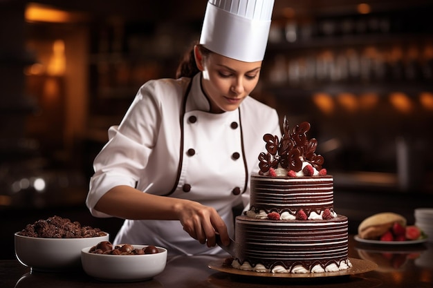Front view of pastry chef preparing cake with chocolate