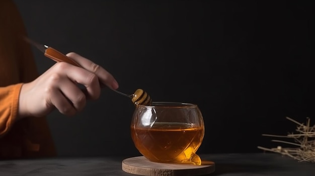 Front view person holding glass with tea and honey dipper 1